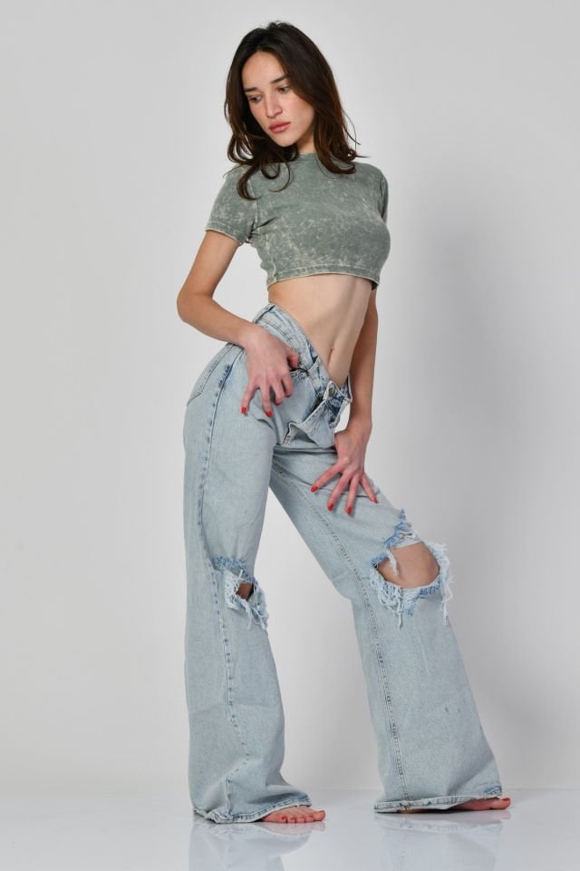 Lefon Yıkamalı Kısa Kollu Crop Tişört  - Yeşil