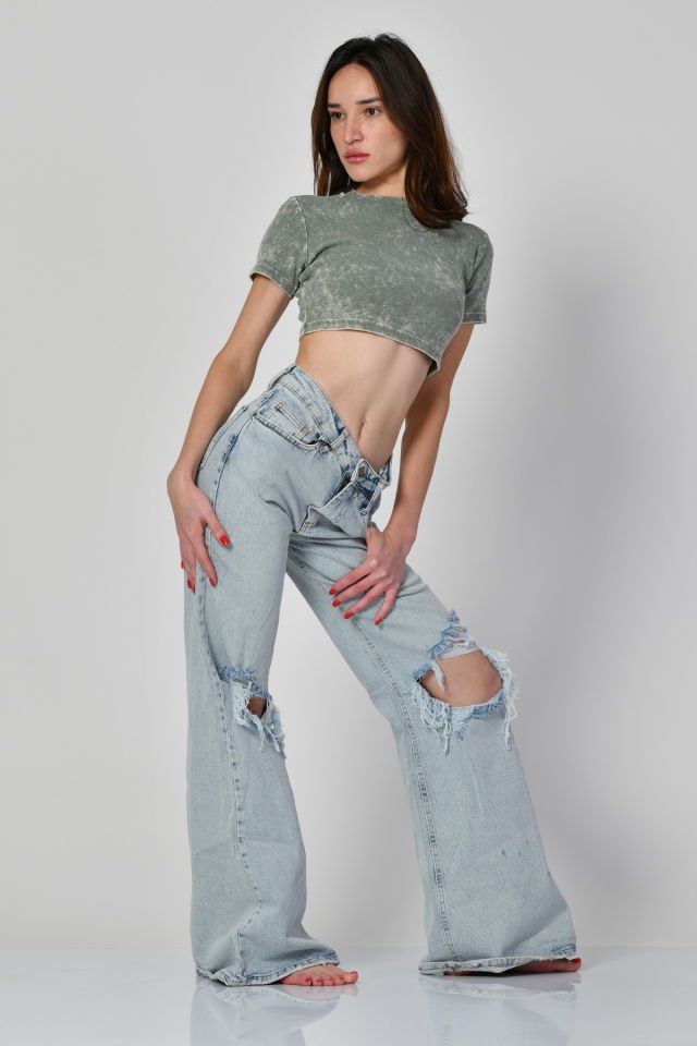 Lefon Yıkamalı Kısa Kollu Crop Tişört  - Yeşil