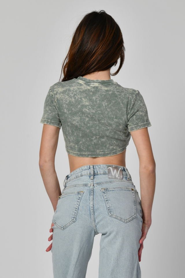 Lefon Yıkamalı Kısa Kollu Crop Tişört  - Yeşil