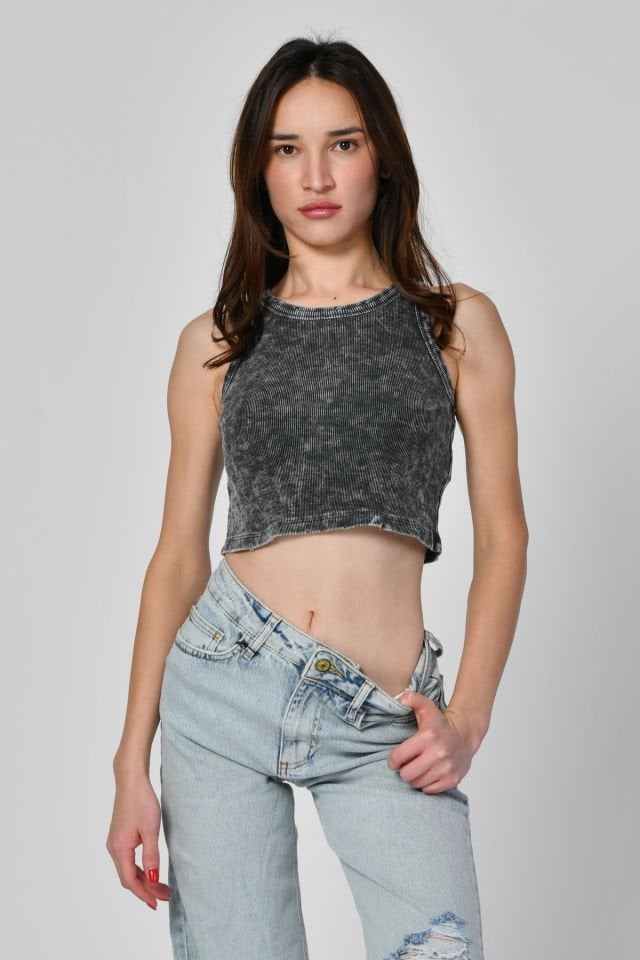 Lefon Yıkamalı Halter Yaka Crop Atlet  - Gri