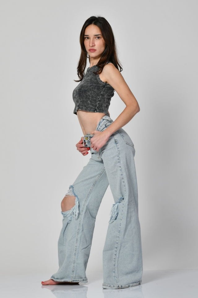 Lefon Yıkamalı Halter Yaka Crop Atlet  - Gri