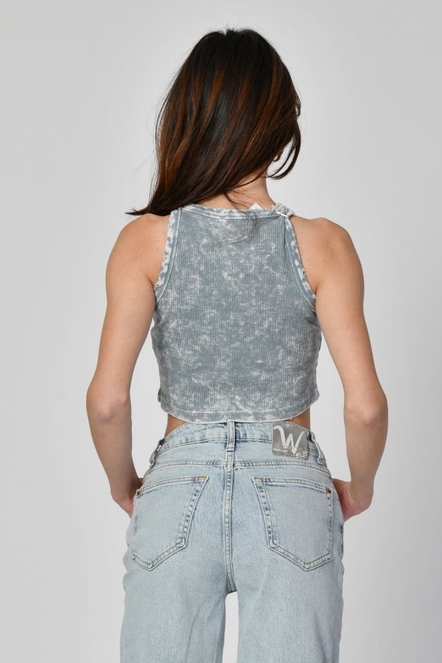 Lefon Yıkamalı Halter Yaka Crop Atlet  - Mavi