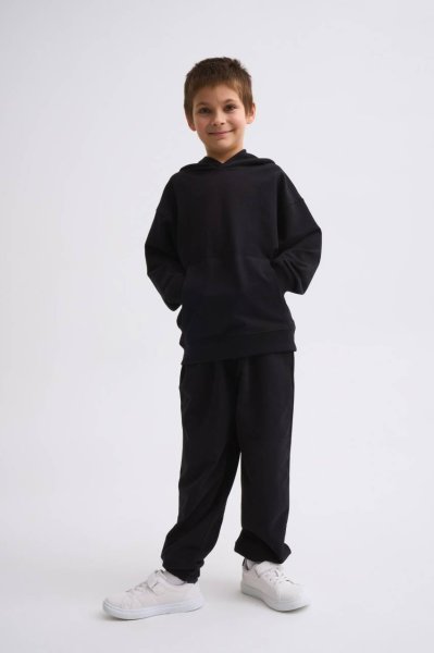 Organik Kapüşonlu Uzun Kollu Erkek Çocuk Sweatshirt - Siyah