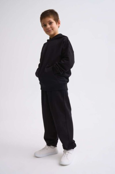 Organik Kapüşonlu Uzun Kollu Erkek Çocuk Sweatshirt - Siyah