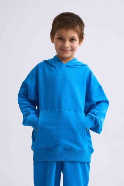 Organik Kapüşonlu Uzun Kollu Erkek Çocuk Sweatshirt - Mavi
