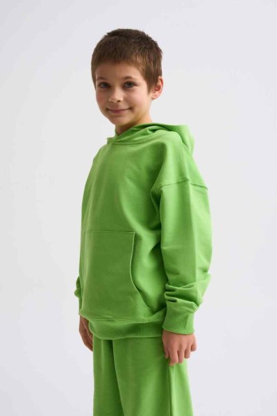 Organik Kapüşonlu Uzun Kollu Erkek Çocuk Sweatshirt - Yeşil
