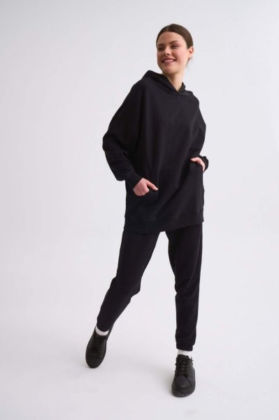 Organik Kapüşonlu Cepli Uzun Kollu Kadın Sweatshirt - Siyah