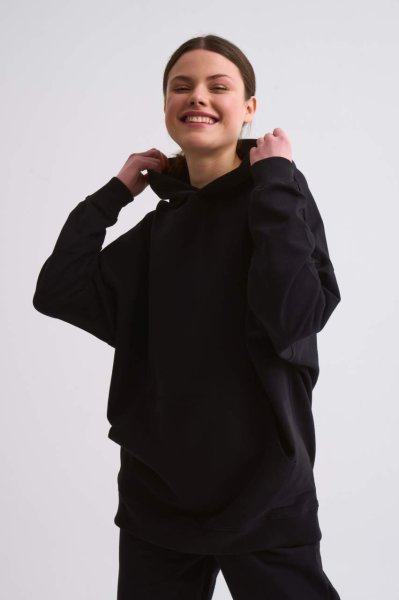 Organik Kapüşonlu Cepli Uzun Kollu Kadın Sweatshirt - Siyah