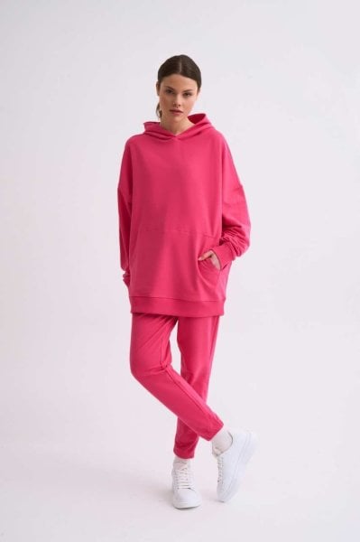 Organik Kapüşonlu Cepli Uzun Kollu Kadın Sweatshirt - Pembe