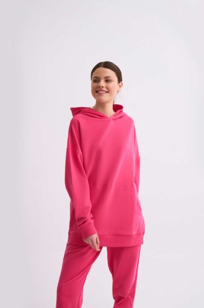 Organik Kapüşonlu Cepli Uzun Kollu Kadın Sweatshirt - Pembe