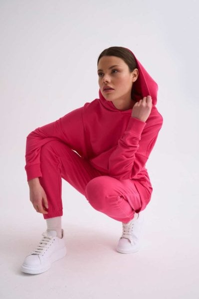 Organik Kapüşonlu Cepli Uzun Kollu Kadın Sweatshirt - Pembe