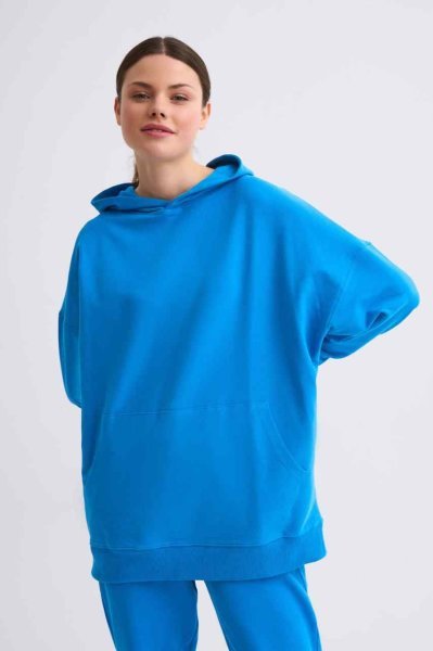 Organik Kapüşonlu Cepli Uzun Kollu Kadın Sweatshirt - Mavi