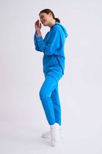 Organik Kapüşonlu Cepli Uzun Kollu Kadın Sweatshirt - Mavi