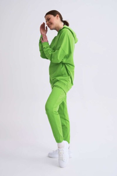 Organik Kapüşonlu Cepli Uzun Kollu Kadın Sweatshirt - Yeşil
