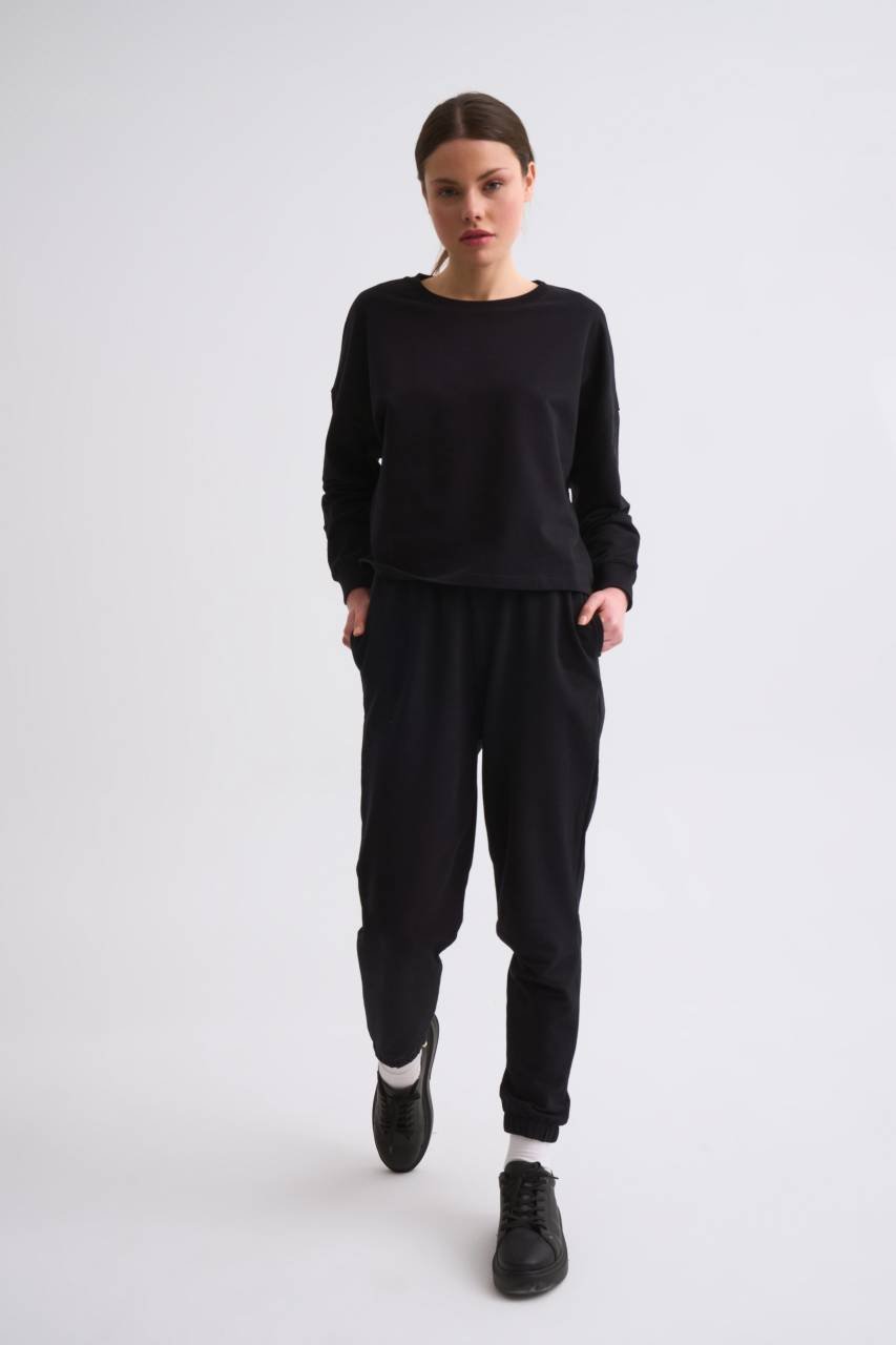 Organik Uzun Kollu Kadın Crop Sweatshirt - Siyah