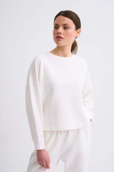 Organik Uzun Kollu Kadın Crop Sweatshirt - Ekru