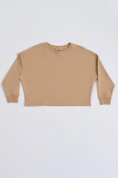 Organik Uzun Kollu Kadın Crop Sweatshirt - Bej