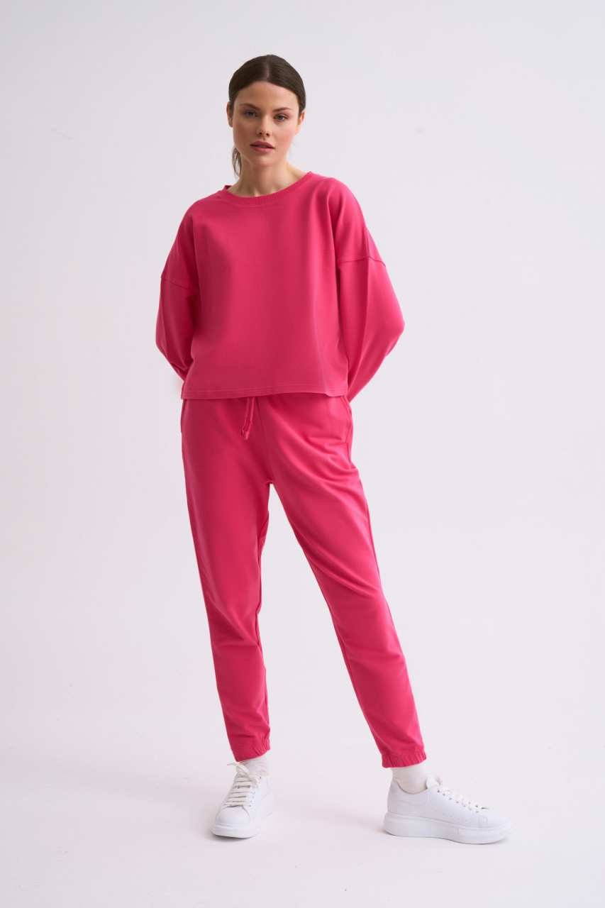 Organik Uzun Kollu Kadın Crop Sweatshirt - Pembe