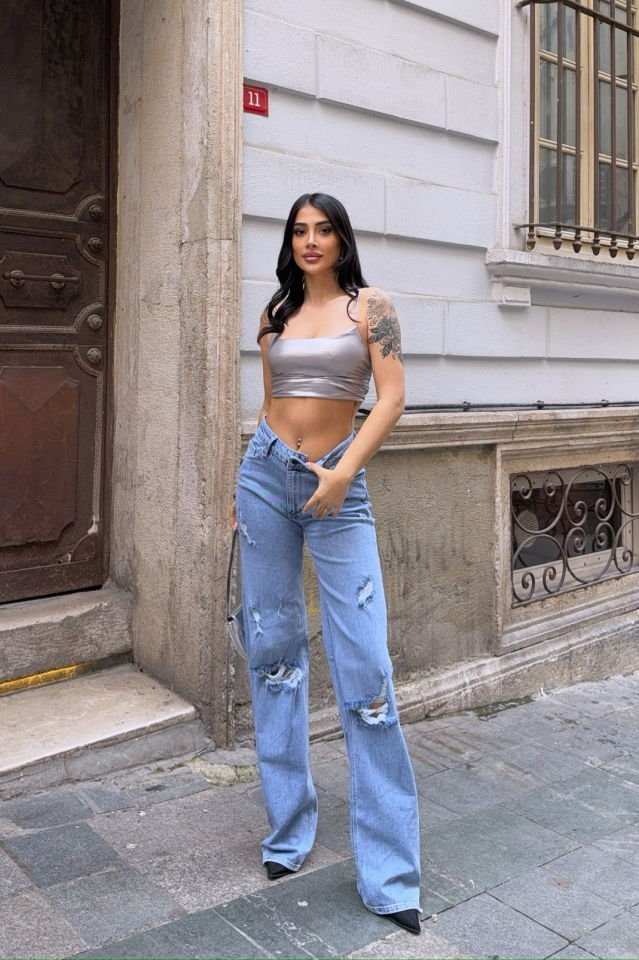 WhatsUp Yüksek Bel Yırtık Detaylı Bol Paça Pantolon  - Denim