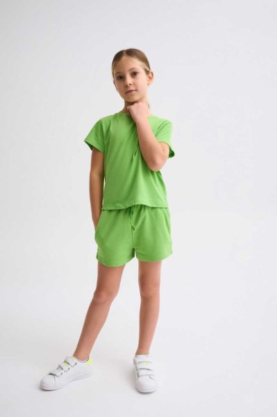Organik Bağcıklı Cepli Kız Çocuk Şort - Yeşil