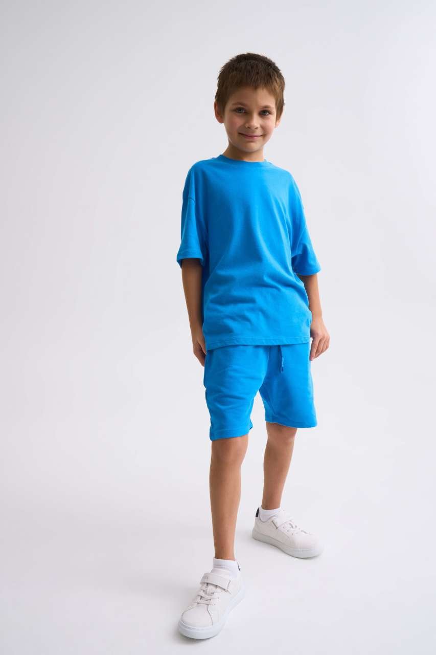Organik Bağcıklı Erkek Çocuk Bermuda Şort - Mavi