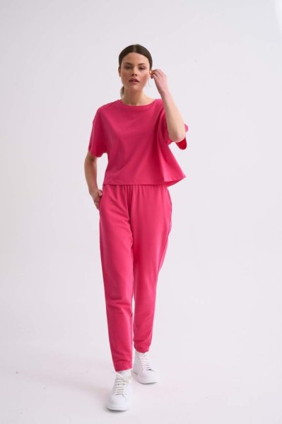 Organik Regular Fit Kısa Kollu Kadın Crop Tişört - Pembe