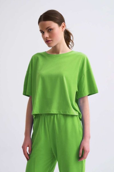 Organik Regular Fit Kısa Kollu Kadın Crop Tişört - Yeşil