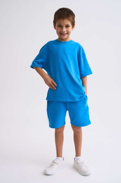 Organik Kısa Kollu Yuvarlak Yaka Erkek Çocuk Tişört - Mavi