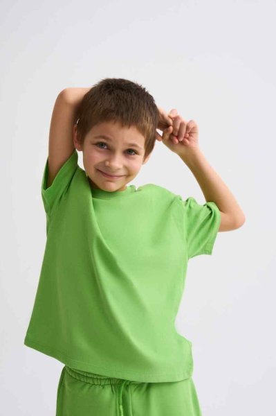 Organik Kısa Kollu Yuvarlak Yaka Erkek Çocuk Tişört - Yeşil