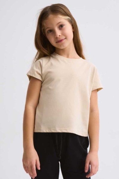 Organik Kısa Kollu Kız Çocuk Crop Tişört - Açık Bej