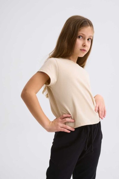 Organik Kısa Kollu Kız Çocuk Crop Tişört - Açık Bej