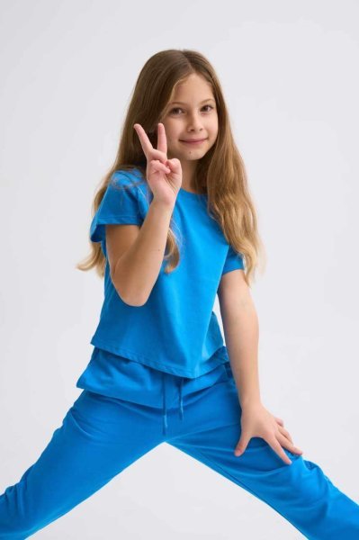 Organik Kısa Kollu Kız Çocuk Crop Tişört - Mavi