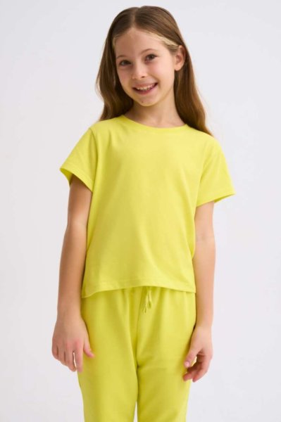 Organik Kısa Kollu Kız Çocuk Crop Tişört - Sarı