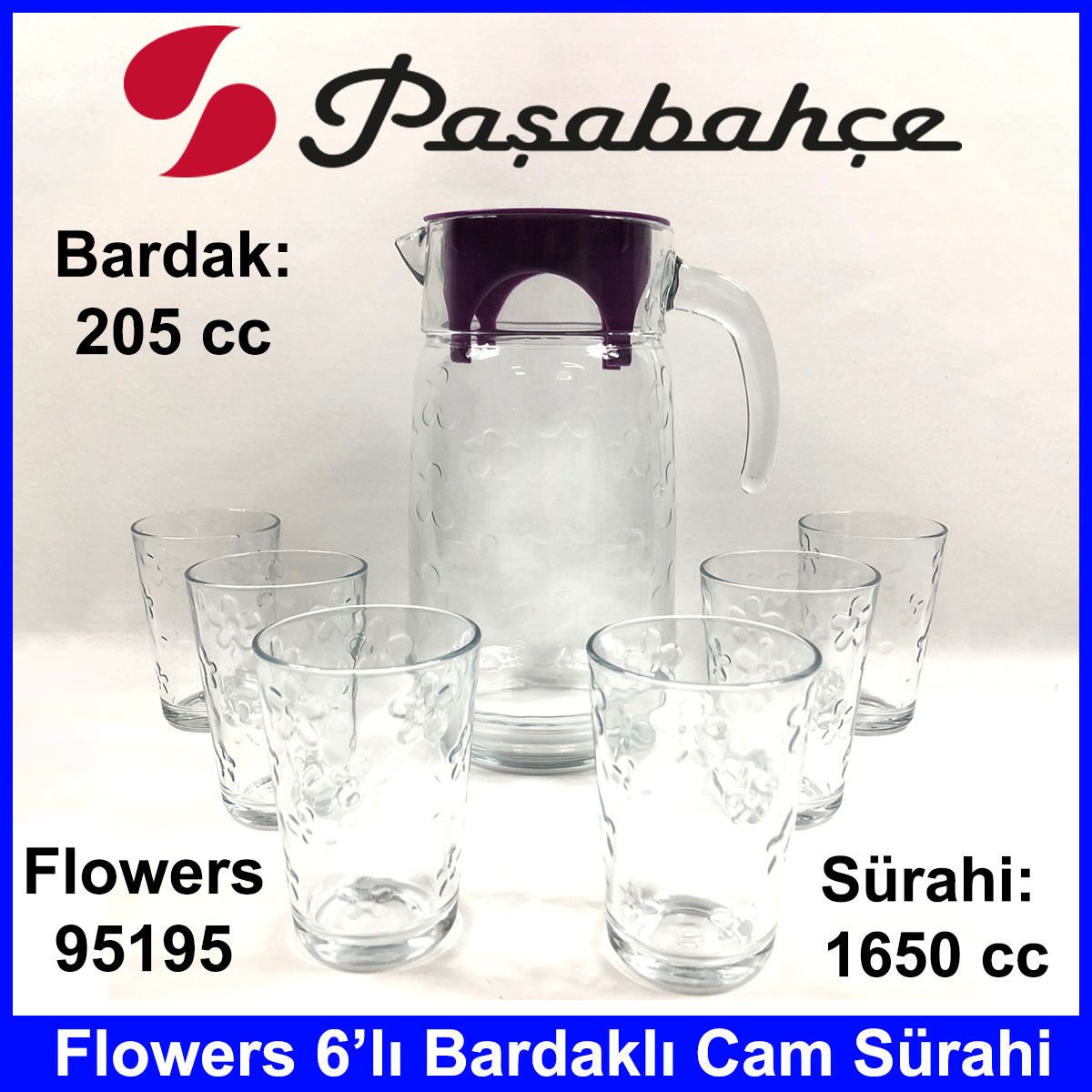 Paşabahçe 95195 Flowers 6'lı Mor Kapaklı Şık Kaliteli Cam Sürahi 1650 cc
