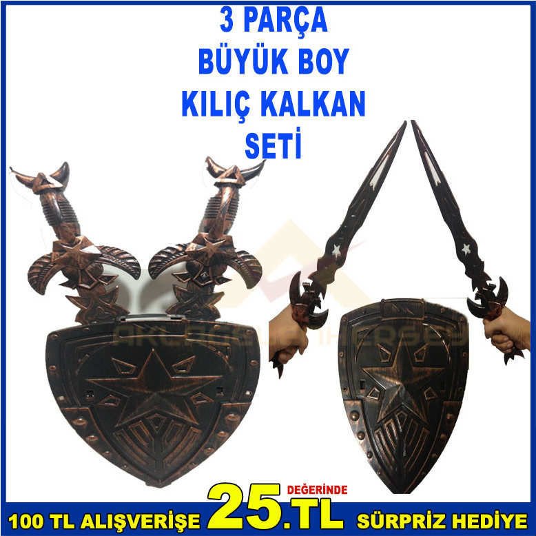 3 PARÇA BÜYÜK BOY KILIÇ KALKAN SETİ 2 KILIÇ 1 KALKAN