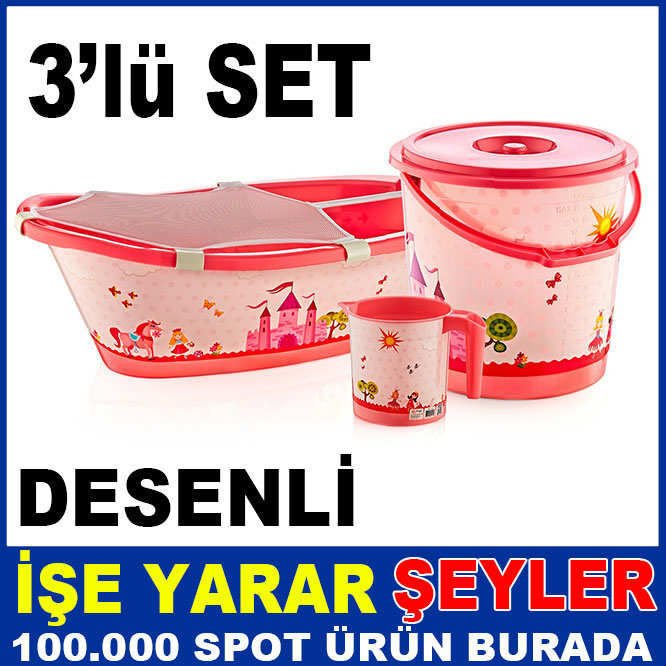 PEMBE RENK MASAL DESENLİ BEBEK YIKAMA BANYO KÜVET SETİ KOVA MAŞRAPA KÜVET FİLESİ ile KÜVET TAKIMI