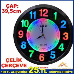 Çelik Çerçeve Büyük Boy Led Işıklı Duvar Saati