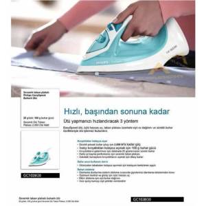 Philips 2000 W Seramik Tabanlı Ütü Süresini Azaltan 3'lü Hassas Burun ve Buhar Püskürtmeli Ütü