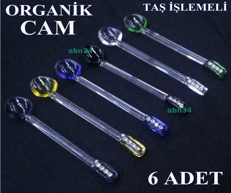 Farklı Renklerde Krisal Taş İşleme Cam Çay Kaşığı Takımı 6 Adet El İşçiliği İle Camdan Üretilmiştir