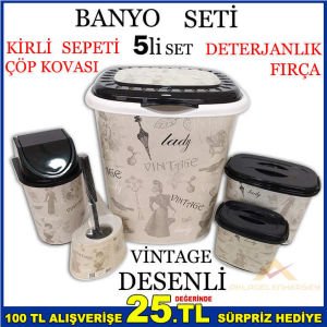VİNTAGE DESENLİ 5 PARÇA KİRLİ ÇAMAŞIR BANYO SETİ