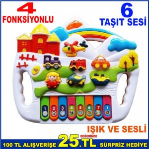 SESLİ VE IŞIKLI TÜRKÇE TAŞIT PİANO 6 ÇEŞİT TAŞIT SESLİ 4 FONKSİYONLU TUŞLU PİANO SESİ VE NOTALAR