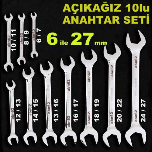 Çift Taraf Açık Ağızlı 10lu Anahtar Seti Metrik 6-27mm Karbon Çelikten 10ad 2 Ağızlı Anahtar Set