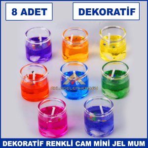8'li Dekoratif Cam İçi Rengarenk Mini Shot Jel Mum - Dekoratif Mum -Jel Mum