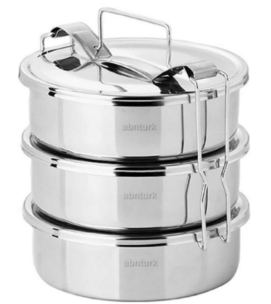 Paslanmaz Çelik 17x7cm 3 Kaplı Isıtılabilir Sefer Tası 4-5 Kişilik Yemek Taşıma Kabı 1000ml x3=3 LT