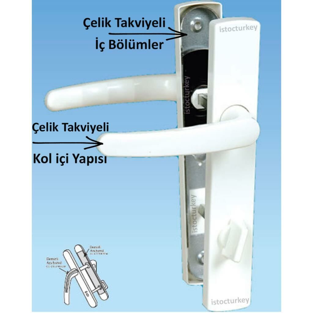 Çelik Altyapılı Beyaz Pvc Doğrama Yaylı WC-Banyo Kapı Kolu Seti Süper Sağlam-Türk Malı-8 Yıl Garanti