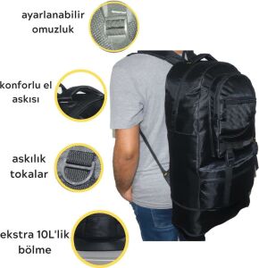 Körüklü Geniş Hacimli Çok Gözlü Su Geçirmez Dağcı Çanta Siyah Kampçı Seyahat Sırt Çantası 55+10Litre