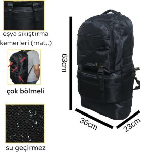 Körüklü Geniş Hacimli Çok Gözlü Su Geçirmez Dağcı Çanta Siyah Kampçı Seyahat Sırt Çantası 55+10Litre