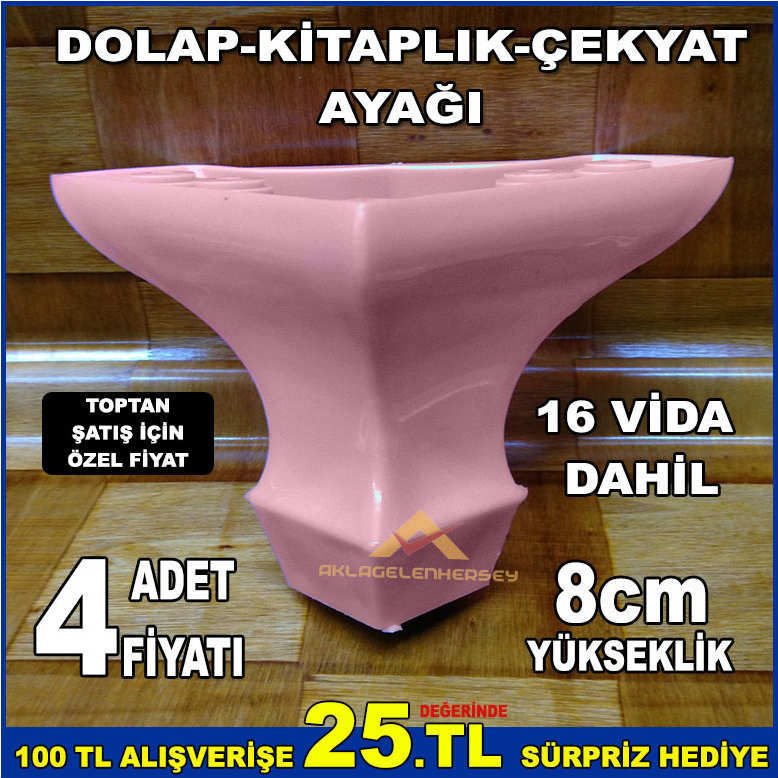 8cm YÜKSEKLİĞİNDE 4adet SAĞLAM DAYANIKLI DOLAP KİTAPLIK ÇEKYAT AYAĞI PEMBE RENK,VİDALARI DAHİL -2