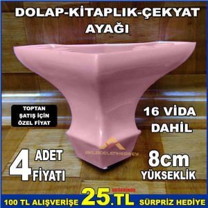 8cm YÜKSEKLİĞİNDE 4adet SAĞLAM DAYANIKLI DOLAP KİTAPLIK ÇEKYAT AYAĞI PEMBE RENK,VİDALARI DAHİL -2