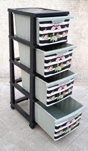 Büyük Boy Flamingo Desen 4 Çekmeceli Tekerlekli Komidin Yükseklik 93cm 43x38 Demonte Dolap Raf